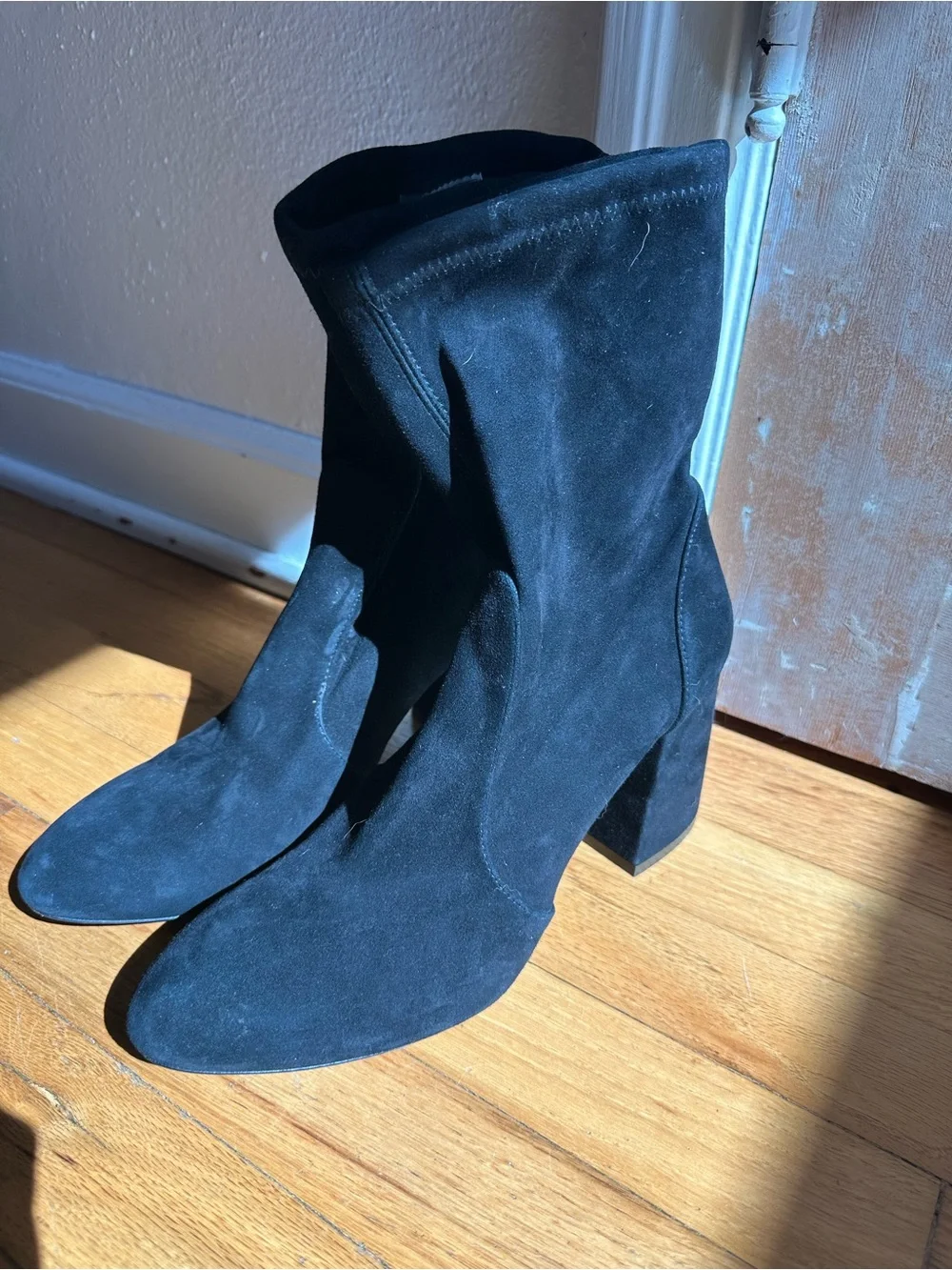Stuart Weitzman Yuliana Black Suede Flareblock Heel Sock Boot